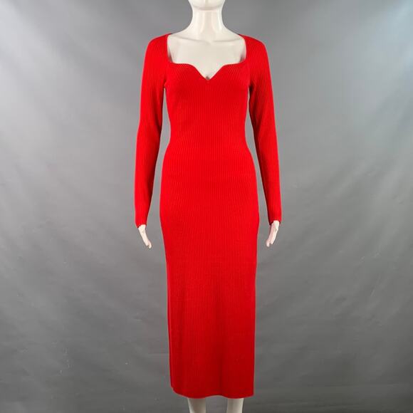 FROM FUTURE Size S Red Merino Wool Rib Knit Sweetheart Long Sleeve Midi Dress - Picture 1 of 7